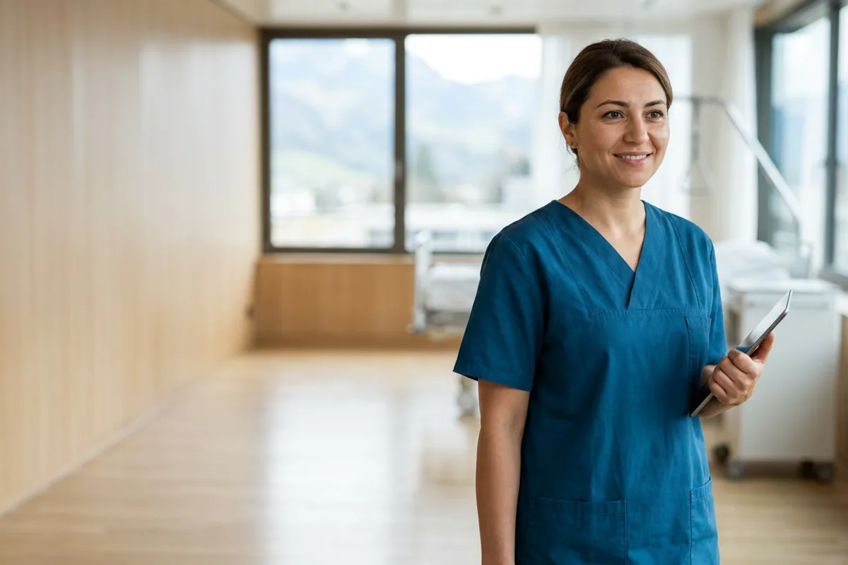 Eine Pflegefachperson in einem modernen Schweizer Spital, mit Blick auf die Alpen durch das Fenster